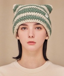 VARZAR（バザール）の「VARZAR(バザール)/Square Label Stripe Crochet Beanie/猫耳 Y2K ストライプ クロシェ ビーニー ニット帽（ニットキャップ/ビーニー）」