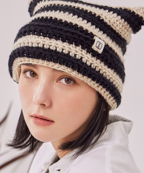 VARZAR（バザール）の「VARZAR(バザール)/Square Label Stripe Crochet Beanie/猫耳 Y2K ストライプ クロシェ ビーニー ニット帽（ニットキャップ/ビーニー・レディース・ピンク/ネイビー/グリーン/ブラック・FREE）」の16枚目の写真