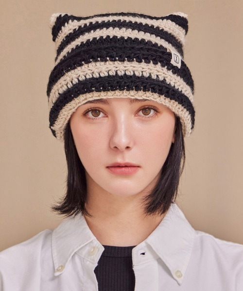 VARZAR（バザール）の「VARZAR(バザール)/Square Label Stripe Crochet Beanie/猫耳 Y2K ストライプ クロシェ ビーニー ニット帽（ニットキャップ/ビーニー・レディース・ピンク/ネイビー/グリーン/ブラック・FREE）」の13枚目の写真