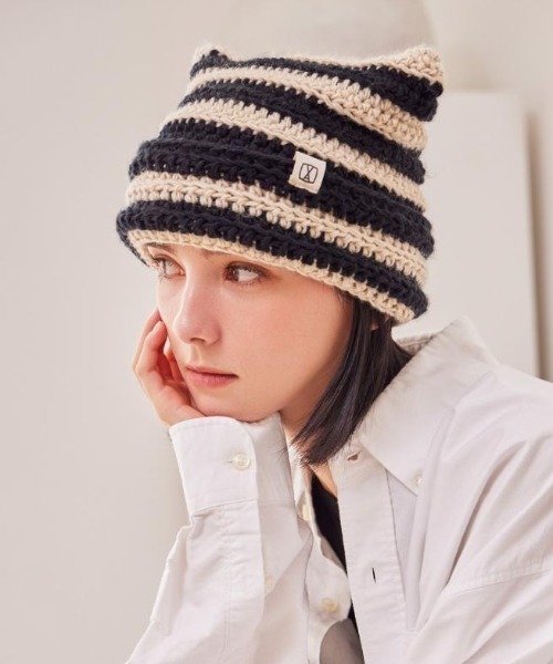 VARZAR（バザール）の「VARZAR(バザール)/Square Label Stripe Crochet Beanie/猫耳 Y2K ストライプ クロシェ ビーニー ニット帽（ニットキャップ/ビーニー・レディース・ピンク/ネイビー/グリーン/ブラック・FREE）」の19枚目の写真