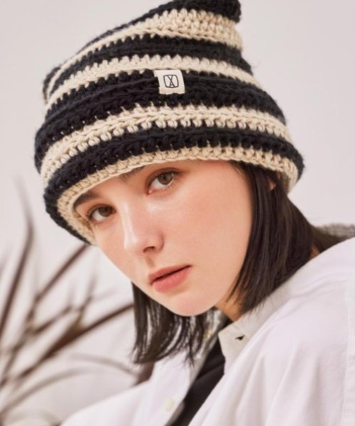 VARZAR（バザール）の「VARZAR(バザール)/Square Label Stripe Crochet Beanie/猫耳 Y2K ストライプ クロシェ ビーニー ニット帽（ニットキャップ/ビーニー・レディース・ピンク/ネイビー/グリーン/ブラック・FREE）」の14枚目の写真