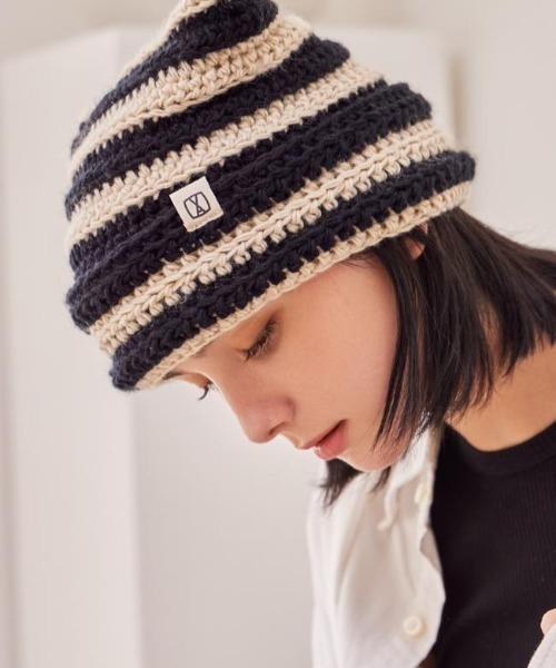 VARZAR（バザール）の「VARZAR(バザール)/Square Label Stripe Crochet Beanie/猫耳 Y2K ストライプ クロシェ ビーニー ニット帽（ニットキャップ/ビーニー・レディース・ピンク/ネイビー/グリーン/ブラック・FREE）」の15枚目の写真