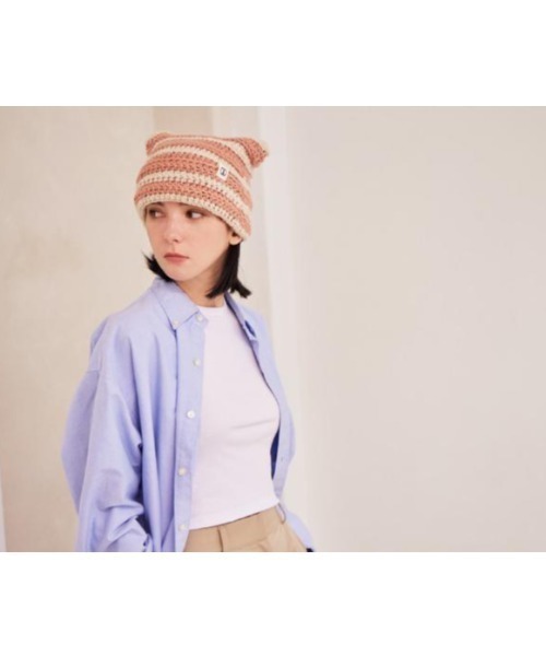 セール】VARZAR(バザール)/Square Label Stripe Crochet Beanie/猫耳