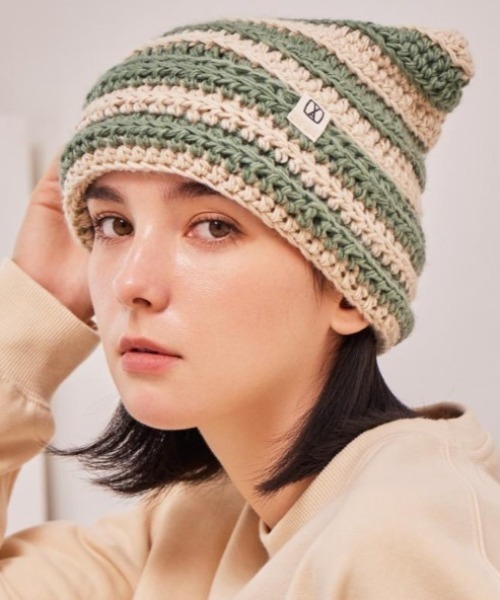 セール】VARZAR(バザール)/Square Label Stripe Crochet Beanie/猫耳