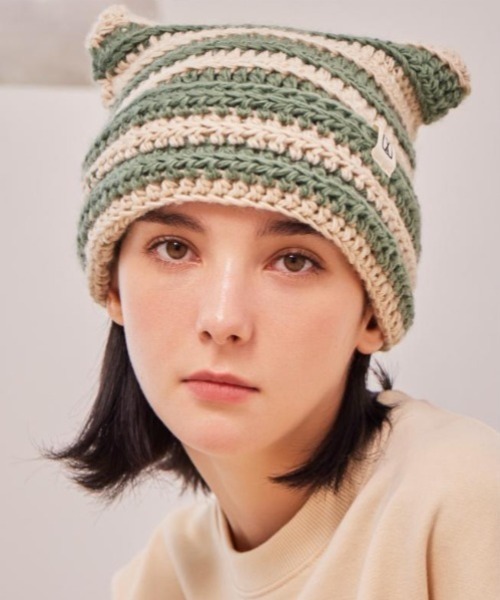 セール】VARZAR(バザール)/Square Label Stripe Crochet Beanie/猫耳