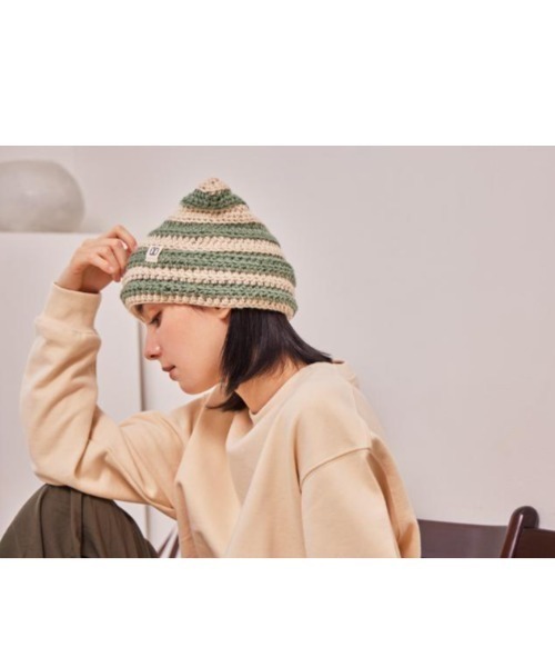 VARZAR（バザール）の「VARZAR(バザール)/Square Label Stripe Crochet Beanie/猫耳 Y2K ストライプ クロシェ ビーニー ニット帽（ニットキャップ/ビーニー・レディース・ピンク/ネイビー/グリーン/ブラック・FREE）」の7枚目の写真