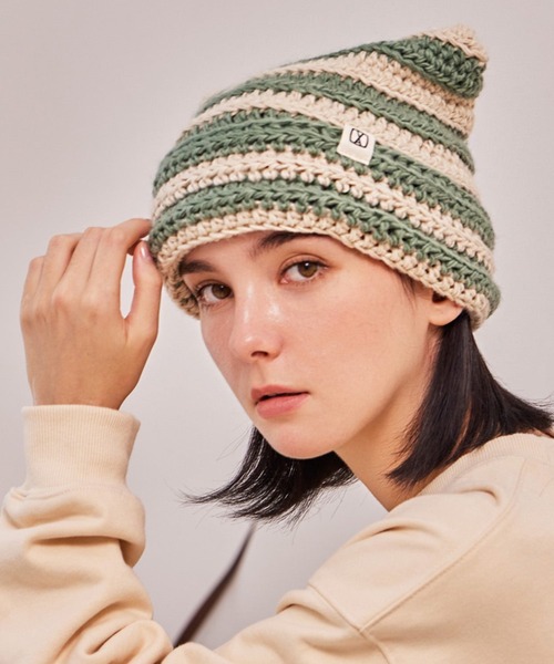 VARZAR（バザール）の「VARZAR(バザール)/Square Label Stripe Crochet Beanie/猫耳 Y2K ストライプ クロシェ ビーニー ニット帽（ニットキャップ/ビーニー・レディース・ピンク/ネイビー/グリーン/ブラック・FREE）」の11枚目の写真