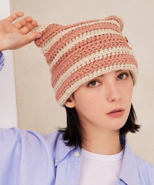 VARZAR（バザール）の「VARZAR(バザール)/Square Label Stripe Crochet Beanie/猫耳 Y2K ストライプ クロシェ ビーニー ニット帽（ニットキャップ/ビーニー・レディース・ピンク/ネイビー/グリーン/ブラック・FREE）」の12枚目の写真