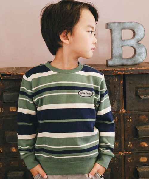 BeBe（ベベ）の「先染めボーダートレーナー(80~150cm)（スウェット・キッズ・グリーン系その他/ブルー系その他・120cm/100cm/110cm/150cm/140cm/130cm/90cm）」の2枚目の写真