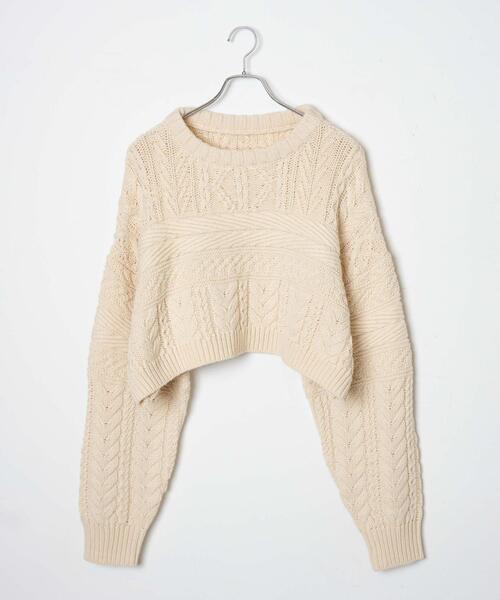 WEGO（ウィゴー）の「WEGO/ケーブルショートニット（ニット/セーター・レディース・杢グレー/レッド/アイボリー・FREE）」の4枚目の写真