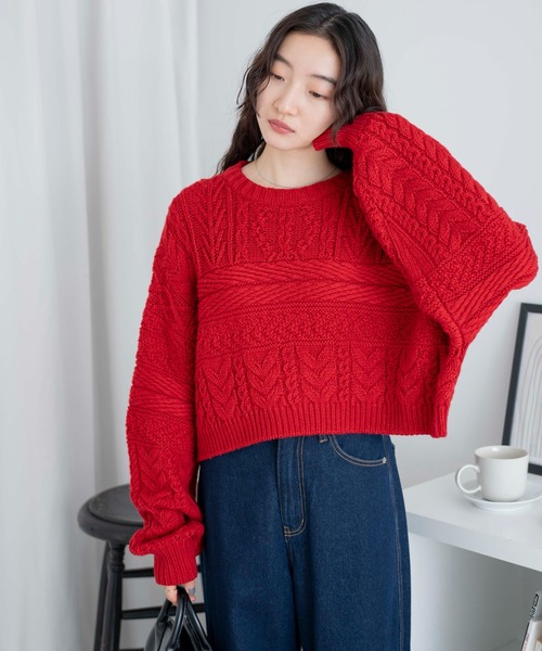 WEGO（ウィゴー）の「WEGO/ケーブルショートニット（ニット/セーター・レディース・杢グレー/レッド/アイボリー・FREE）」の3枚目の写真