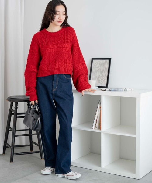 WEGO（ウィゴー）の「WEGO/ケーブルショートニット（ニット/セーター・レディース・杢グレー/レッド/アイボリー・FREE）」の11枚目の写真