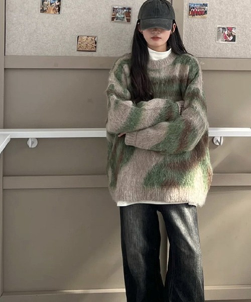 セール】カモフラージュ柄 ビッグシャギーニットプルオーバー（ニット
