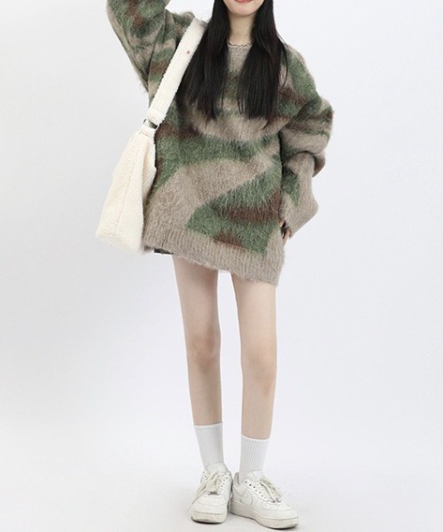 セール】カモフラージュ柄 ビッグシャギーニットプルオーバー（ニット