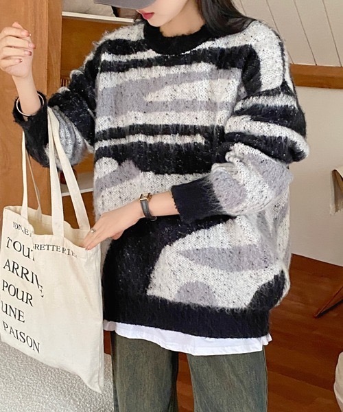 セール】カモフラージュ柄 ビッグシャギーニットプルオーバー（ニット