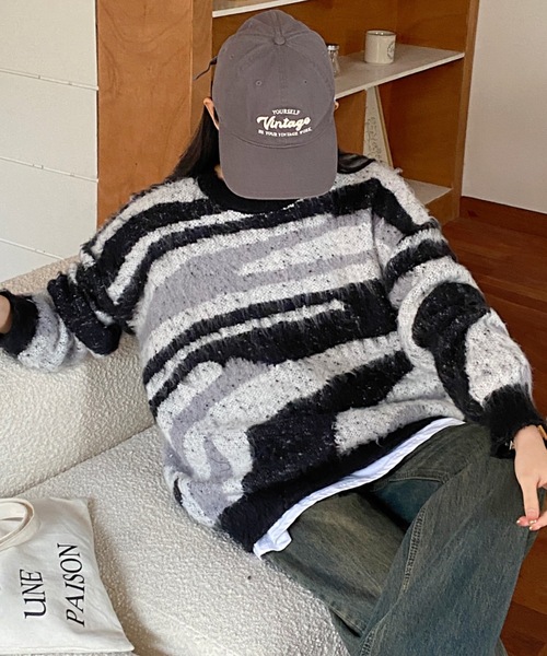 セール】カモフラージュ柄 ビッグシャギーニットプルオーバー（ニット