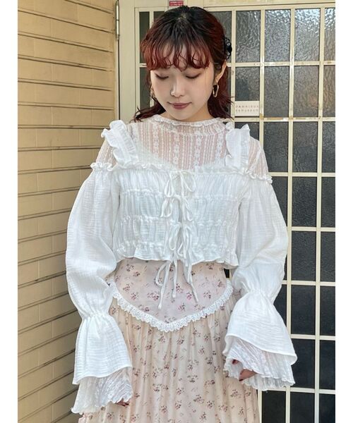 merry jenny（メリージェニー）の「ribbonドロストオフショルブラウス（シャツ/ブラウス・レディース・ブラック/オフホワイト・FREE）」の3枚目の写真