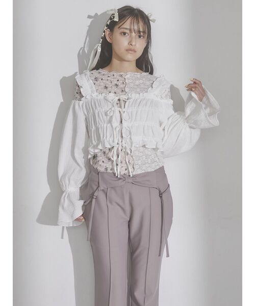 merry jenny（メリージェニー）の「ribbonドロストオフショルブラウス（シャツ/ブラウス・レディース・ブラック/オフホワイト・FREE）」の4枚目の写真