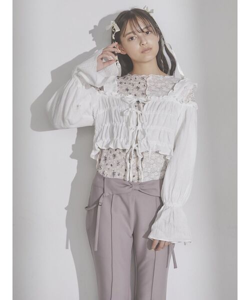 merry jenny（メリージェニー）の「ribbonドロストオフショルブラウス（シャツ/ブラウス・レディース・ブラック/オフホワイト・FREE）」の5枚目の写真