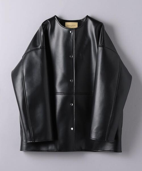 UNITED ARROWS フェイクレザー ノーカラー ミドル コート 36 黒 UNITED ARROWS（ユナイテッドアローズ）の「フェイクレザー ノーカラー