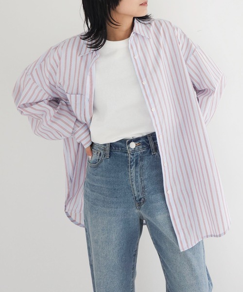 Green　Parks（グリーンパークス）の「イージーケア　ドビーストライプシャツ（シャツ/ブラウス・レディース・サックスブルー/ブルー/グリーン/ピンク/イエロー・FREE）」の2枚目の写真