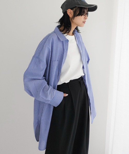 Green　Parks（グリーンパークス）の「イージーケア　ドビーストライプシャツ（シャツ/ブラウス・レディース・サックスブルー/ブルー/グリーン/ピンク/イエロー・FREE）」の3枚目の写真