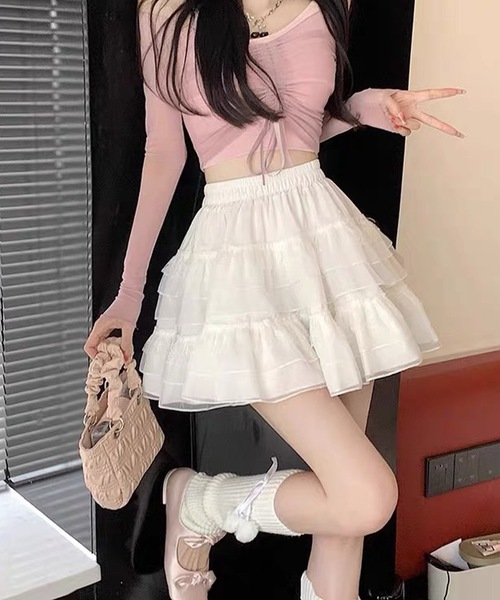 shopnikoniko（ショップニコニコ）の「バレエコア ハイウエスト フリル ミニ スカート フレア ティアード（スカート・レディース・ブラック/ホワイト・フリー）」の11枚目の写真