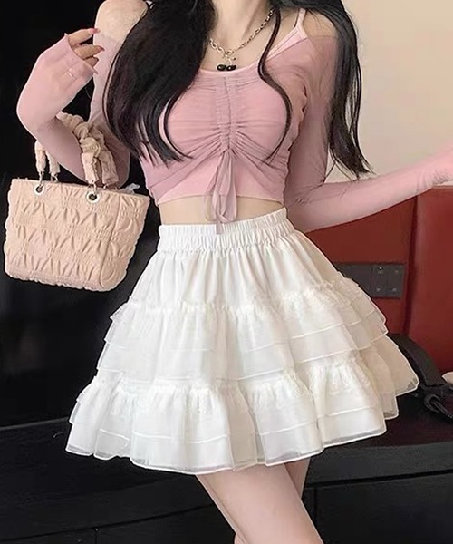 shopnikoniko（ショップニコニコ）の「バレエコア ハイウエスト フリル ミニ スカート フレア ティアード（スカート・レディース・ブラック/ホワイト・フリー）」の12枚目の写真