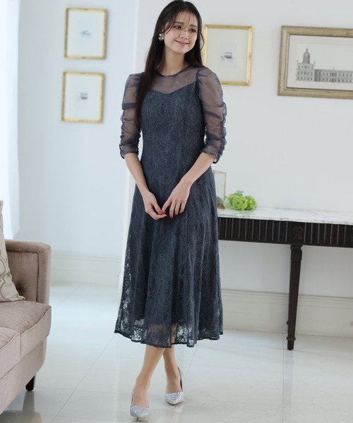 七分袖&ロング パーティードレス 総レースお呼ばれ結婚式フォーマル