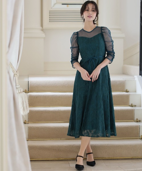 PourVous(プールヴー)の「七分袖&ロング パーティー ドレス 総レース お呼ばれ 結婚式 フォーマル オケージョンドレス 二次会 成人式 (ドレス・レディース・ダークグリーン/グレイッシュベージュ/ブラック/ネイビー・M)」の4枚目の写真
