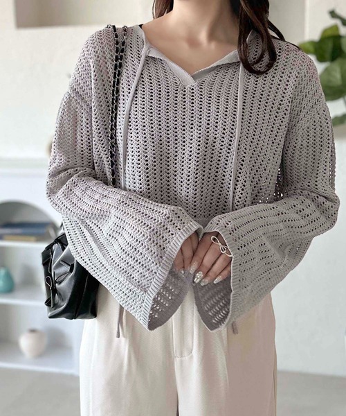 apres jour clair（アプレジュールクレア）の「【apres jour clair】スキッパーメッシュニット【ZOZOTOWN限定アイテム】（ニット/セーター・レディース・アイボリー/ピンクベージュ/サックスブルー・X-LARGE/フリー）」の2枚目の写真