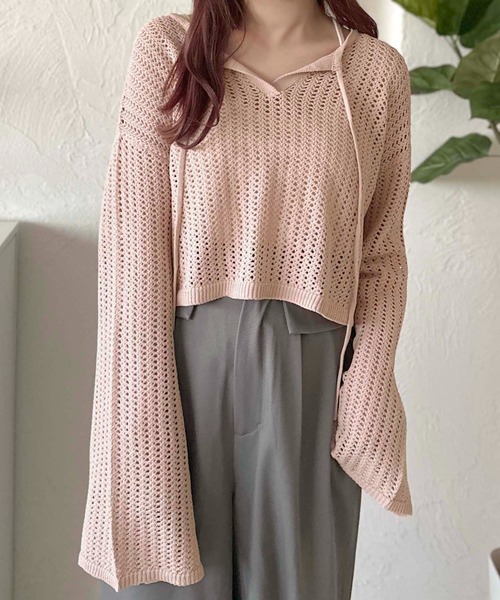 apres jour clair（アプレジュールクレア）の「【apres jour clair】スキッパーメッシュニット【ZOZOTOWN限定アイテム】（ニット/セーター・レディース・アイボリー/ピンクベージュ/サックスブルー・X-LARGE/フリー）」の6枚目の写真