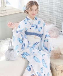 Retica（レティカ）の「浴衣セット レディース 白地×水彩フェザー ゆかた3点セット 浴衣 兵児帯 下駄かわいい （浴衣）」
