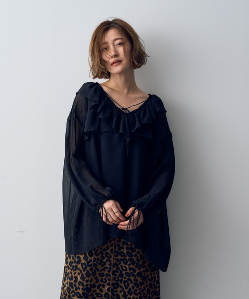 【極美品】EVEX by KRIZIA Ｖネック シアー ロング ブラウス　黒 セール】 【L】【UV対策】【接触冷感】【ウォッシャブル】リネン