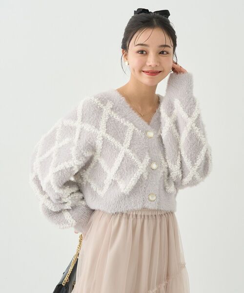 セール】シャギーダイヤ柄ショートニットカーディガン（カーディガン 
