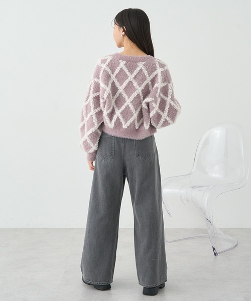 セール】シャギーダイヤ柄ショートニットカーディガン