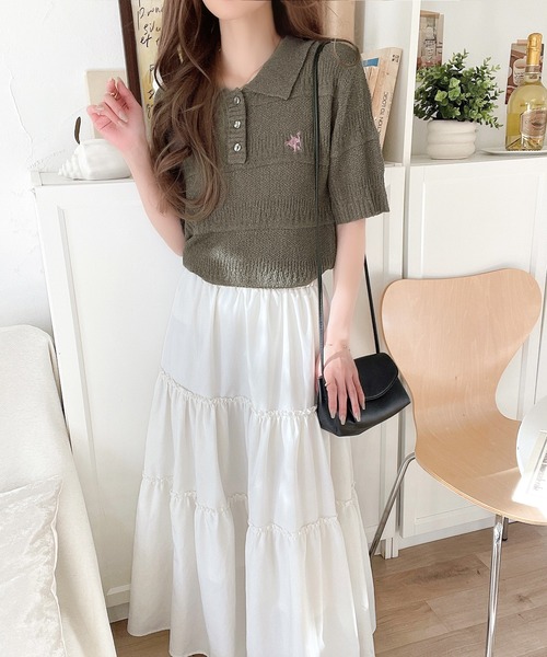 classicalelf（クラシカルエルフ）の「カジュアルコーデを格上げする。ワンポイント刺繍ブークレポロニットトップス(半袖)（ポロシャツ・レディース・イエロー/アイボリー/ブラック/レッド/チャコール・X-LARGE/SMALL/MEDIUM/LARGE）」の3枚目の写真