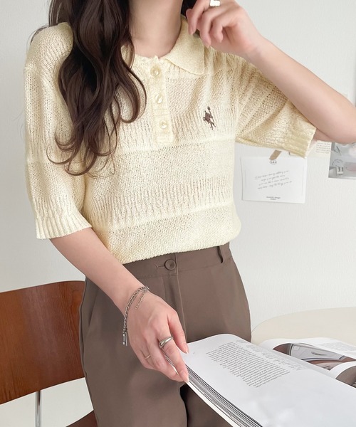 classicalelf（クラシカルエルフ）の「カジュアルコーデを格上げする。ワンポイント刺繍ブークレポロニットトップス(半袖)（ポロシャツ・レディース・イエロー/アイボリー/ブラック/レッド/チャコール・X-LARGE/SMALL/MEDIUM/LARGE）」の19枚目の写真