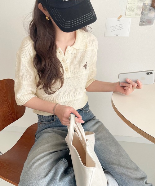 classicalelf（クラシカルエルフ）の「カジュアルコーデを格上げする。ワンポイント刺繍ブークレポロニットトップス(半袖)（ポロシャツ・レディース・イエロー/アイボリー/ブラック/レッド/チャコール・X-LARGE/SMALL/MEDIUM/LARGE）」の14枚目の写真