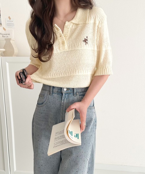 classicalelf（クラシカルエルフ）の「カジュアルコーデを格上げする。ワンポイント刺繍ブークレポロニットトップス(半袖)（ポロシャツ・レディース・イエロー/アイボリー/ブラック/レッド/チャコール・X-LARGE/SMALL/MEDIUM/LARGE）」の13枚目の写真