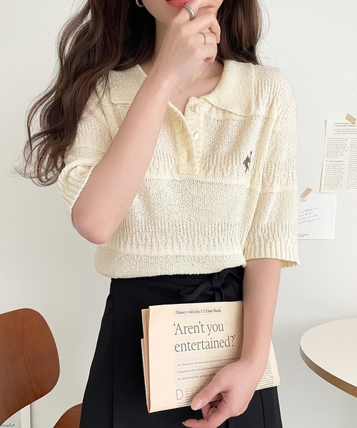 classicalelf（クラシカルエルフ）の「カジュアルコーデを格上げする。ワンポイント刺繍ブークレポロニットトップス(半袖)（ポロシャツ・レディース・イエロー/アイボリー/ブラック/レッド/チャコール・X-LARGE/SMALL/MEDIUM/LARGE）」の15枚目の写真