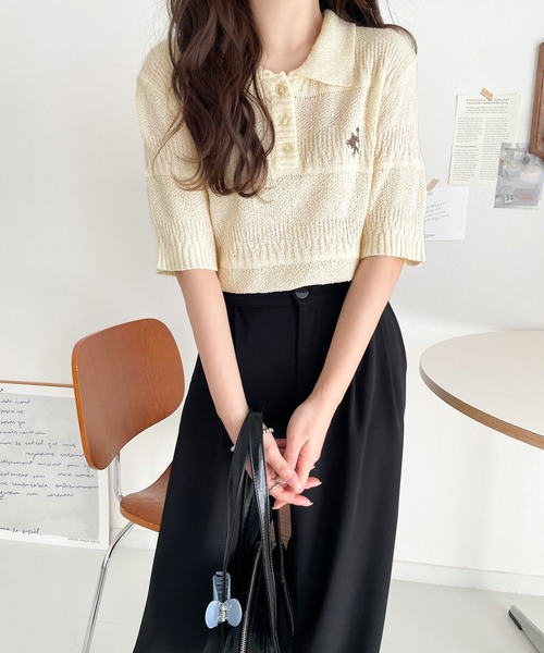classicalelf（クラシカルエルフ）の「カジュアルコーデを格上げする。ワンポイント刺繍ブークレポロニットトップス(半袖)（ポロシャツ・レディース・イエロー/アイボリー/ブラック/レッド/チャコール・X-LARGE/SMALL/MEDIUM/LARGE）」の17枚目の写真