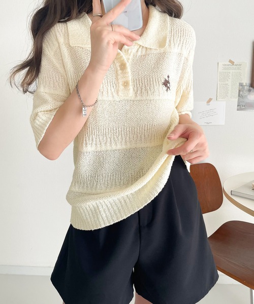 classicalelf（クラシカルエルフ）の「カジュアルコーデを格上げする。ワンポイント刺繍ブークレポロニットトップス(半袖)（ポロシャツ・レディース・イエロー/アイボリー/ブラック/レッド/チャコール・X-LARGE/SMALL/MEDIUM/LARGE）」の18枚目の写真