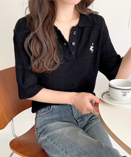 classicalelf（クラシカルエルフ）の「カジュアルコーデを格上げする。ワンポイント刺繍ブークレポロニットトップス(半袖)（ポロシャツ・レディース・イエロー/アイボリー/ブラック/レッド/チャコール・X-LARGE/SMALL/MEDIUM/LARGE）」の21枚目の写真