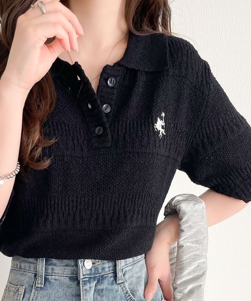 classicalelf（クラシカルエルフ）の「カジュアルコーデを格上げする。ワンポイント刺繍ブークレポロニットトップス(半袖)（ポロシャツ・レディース・イエロー/アイボリー/ブラック/レッド/チャコール・X-LARGE/SMALL/MEDIUM/LARGE）」の20枚目の写真