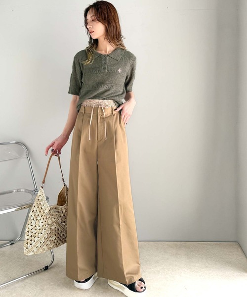 classicalelf（クラシカルエルフ）の「カジュアルコーデを格上げする。ワンポイント刺繍ブークレポロニットトップス(半袖)（ポロシャツ・レディース・イエロー/アイボリー/ブラック/レッド/チャコール・X-LARGE/SMALL/MEDIUM/LARGE）」の6枚目の写真