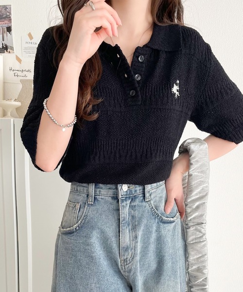 classicalelf（クラシカルエルフ）の「カジュアルコーデを格上げする。ワンポイント刺繍ブークレポロニットトップス(半袖)（ポロシャツ・レディース・イエロー/アイボリー/ブラック/レッド/チャコール・X-LARGE/SMALL/MEDIUM/LARGE）」の8枚目の写真