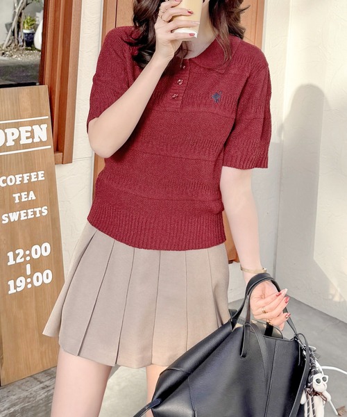 classicalelf（クラシカルエルフ）の「カジュアルコーデを格上げする。ワンポイント刺繍ブークレポロニットトップス(半袖)（ポロシャツ・レディース・イエロー/アイボリー/ブラック/レッド/チャコール・X-LARGE/SMALL/MEDIUM/LARGE）」の12枚目の写真