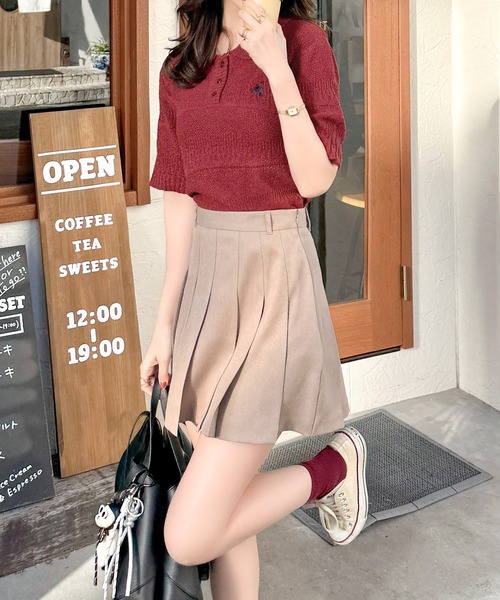 classicalelf（クラシカルエルフ）の「カジュアルコーデを格上げする。ワンポイント刺繍ブークレポロニットトップス(半袖)（ポロシャツ・レディース・イエロー/アイボリー/ブラック/レッド/チャコール・X-LARGE/SMALL/MEDIUM/LARGE）」の11枚目の写真