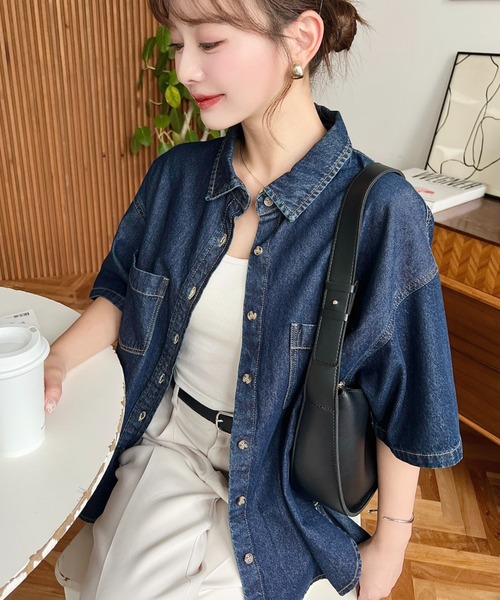 【美品】✨theory セオリー　オーバーサイズ　デニムシャツ ポニットブラックデニムスティッチオーバーサイズフィットデニム